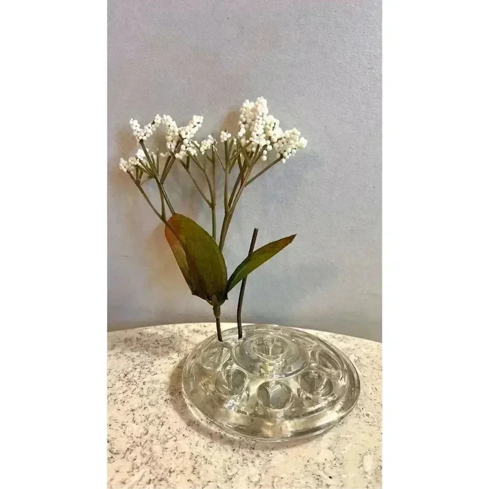 Vintage Clear Heavy Glass Round Flower‎ Frog 9 Holes Stem Holder Arranging Base